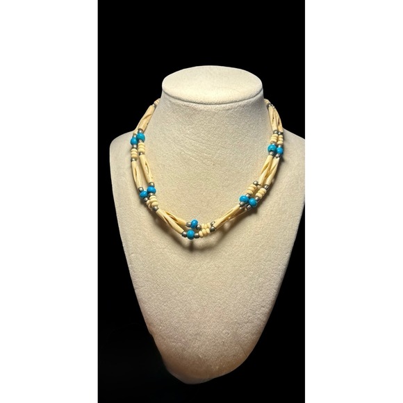 Jewelry - Southwest Native American Theme Boho Choker Necklace Double Strand Turquoise VTG